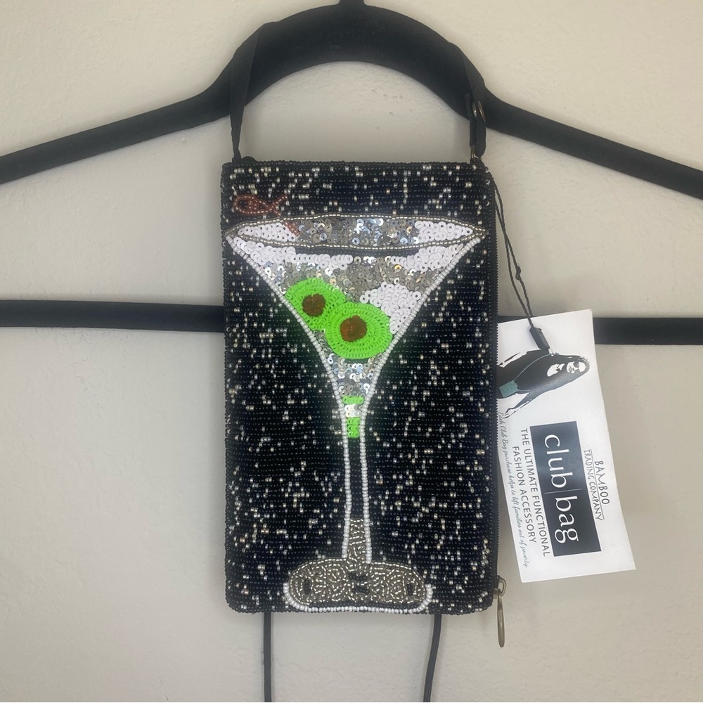 Black and green beaded martini glass clutch bag with shoulder strap
